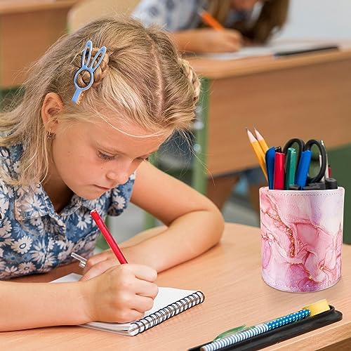 Pen Holder for Women Girls, Pencil Cup Pink Desk Decor, Makeup Brush Holder Large Pu Leather Multi-Functional Organizer Cup for Office, Classroom, Home, Red Marble