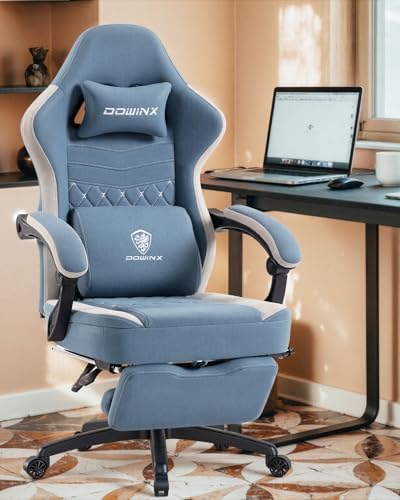 Dowinx Gaming Chair Breathable Fabric Game Chair with Gel Pad and Storage Bag, Comfortable Gamer Chair with Pocket Spring Cushion, Ergonomic Computer Chair with Footrest, Blue and White