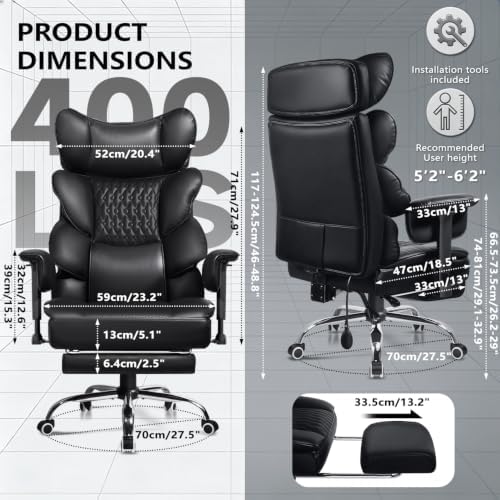 PRETZI Big and Tall Office Chair, High Back Ergonomic Desk Chair 400 LBS