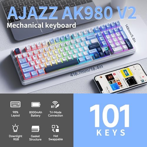 ACODEX Ajazz AK980 V2 Blue White Wireless Mechanical Gaming Keyboard,Tri-Mode BT5.0/2.4GHz/USB-C, Hot Swappable RGB Backlit Computer Gaming Keyboards for PC/Tablet/PS/Xbox