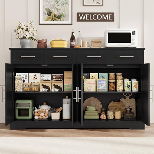 60" W Sideboard Buffet Cabinet with Storage, Kitchen Cabinet, Black