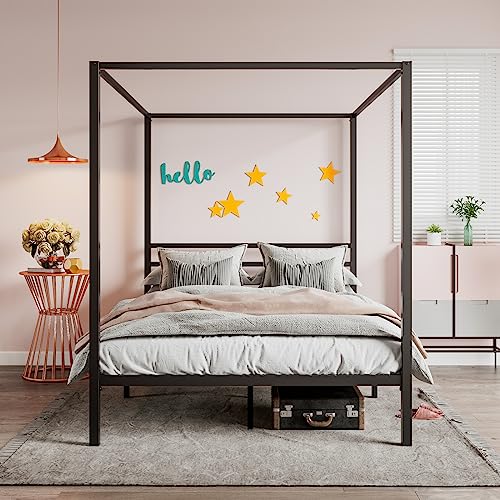 Full Size Canopy Bed Frame with Heavy Duty Metal Slats, Black