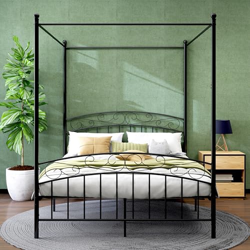 Metal Canopy Bed Frame Queen Size Four-Poster Black
