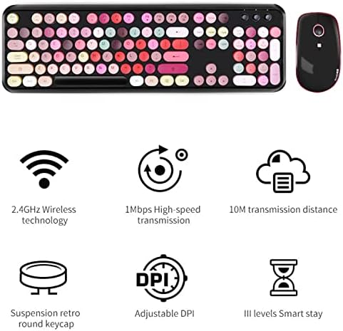 FOPETT Keyboard and Mouse Sets, Wireless, Reliable 2.4 GHz Connectivity for PC,Laptop,Smart TV and More (Black Colorful)