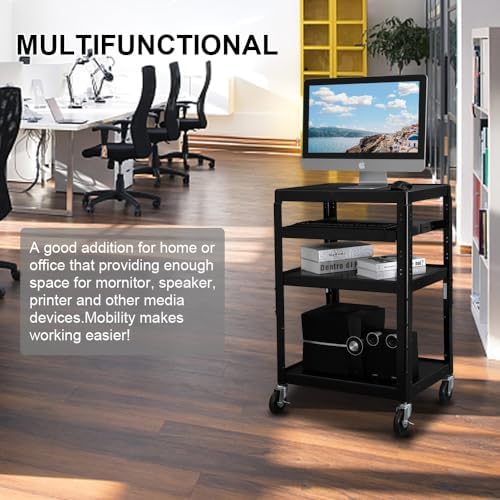 Bonnlo 3-Tiers Rolling AV Presentation Cart with Keyboard Tray, Mobile Computer Utility Media Cart with Adjustable Height Function, Projector Cart on Wheels for School, University and Office Use