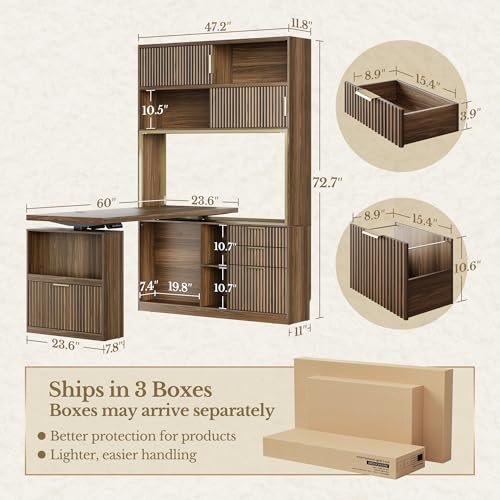 60'' L Shaped Standing Desk with Hutch, Black Walnut