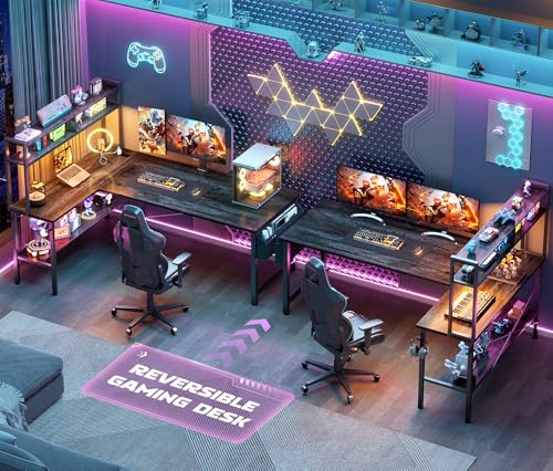 59" L Shaped Desk Gaming Desk with LED Light & Power Outlet