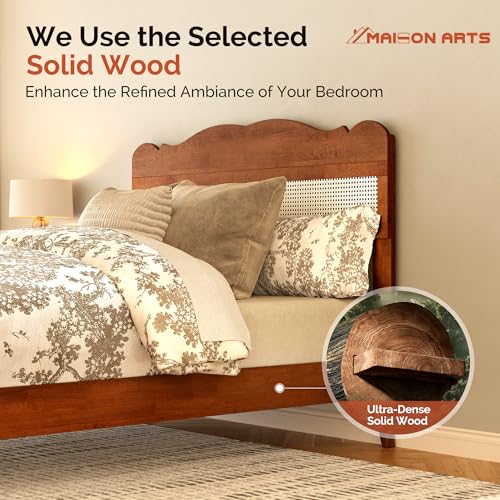 Queen Bed Frame with Adjustable Headboard, Wooden Bedframe
