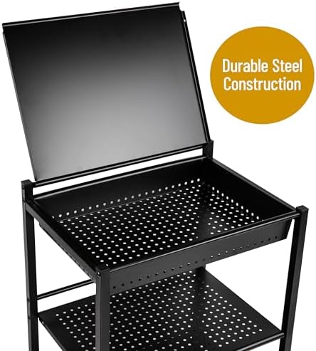 Mind Reader Cart with Covered Compartment, Office Organizer, Storage, 3-Tier, Office, Metal, 20" L x 14.25" W x 28.75" H, Black