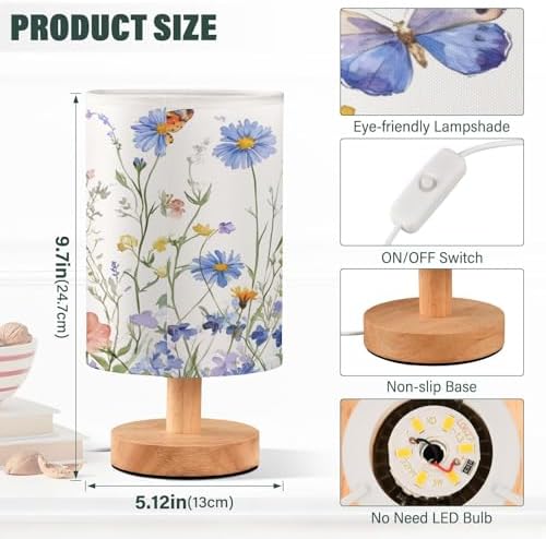 ALAZA Watercolor Wildflower Butterfly Floral Print Decor Bedside Table Lamp with USB Port for Bedroom Nightstand Office Desk LED Bulb Included