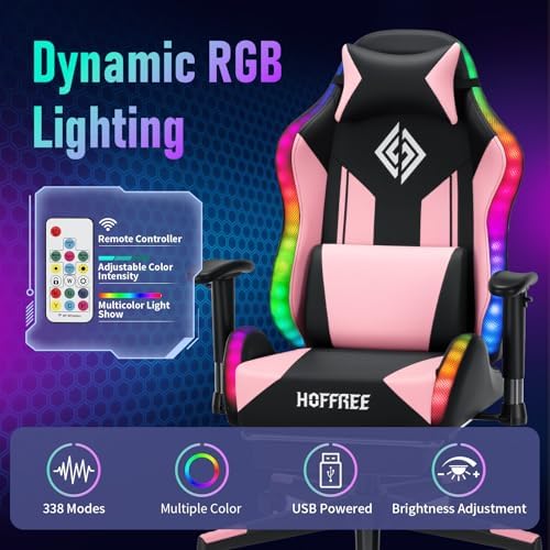 HOFFREE RGB Gaming Chair for Kids LED Computer Chair 155°Recliner-Pink