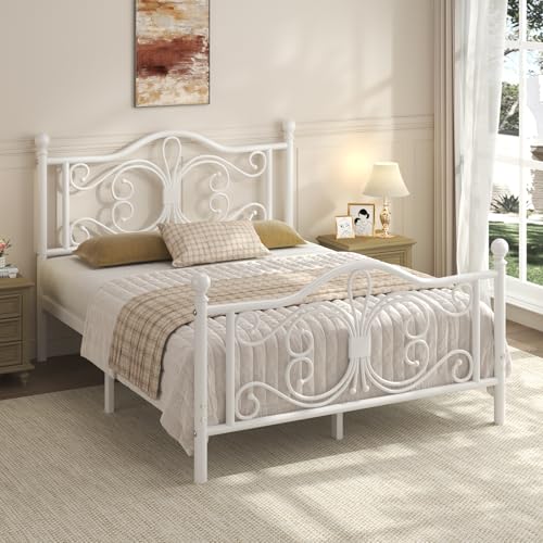 Full Size Bed Frame with Butterfly Pattern Design Headboard, White