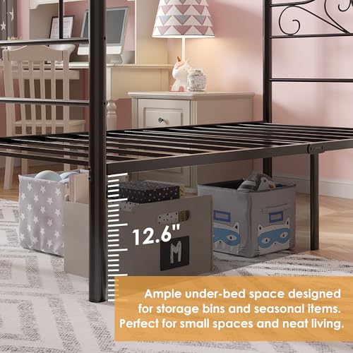 Twin Canopy Bed Frame, Heart-Shaped Headboard, Black