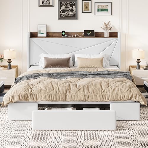 King Bed Frame, Storage Headboard with Drawers, Charging, White