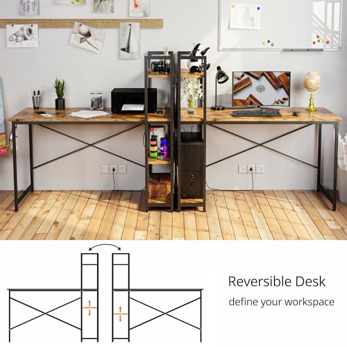 Computer Desk 55" with Power Outlet and Storage Shelves,Rustic Brown