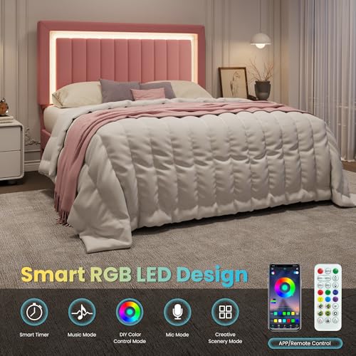 Queen Size Velvet Bed Frame with LED Light, Pink