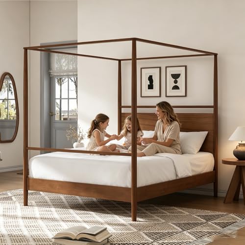 Queen Size Wood Canopy Bed Frame, Walnut Vintage Four-Posters Frames