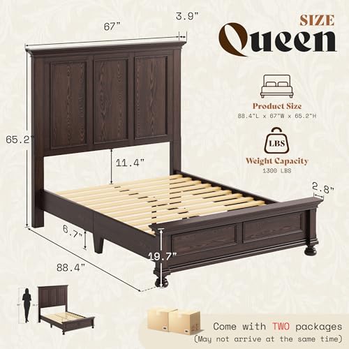 Solid Wood Queen Bed Frame with 65.2" High Headboard