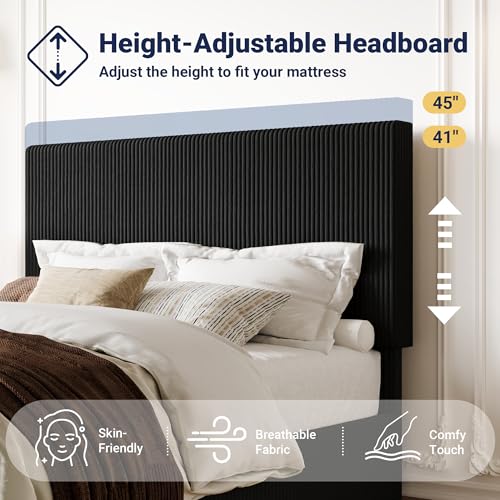 Queen Bed Frame, Adjustable Corduroy Headboard, Platform, Black