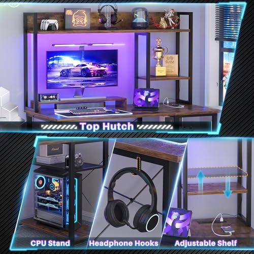 39'' Gaming Desk with Hutch and Reversible Storage Shelves, Rustic