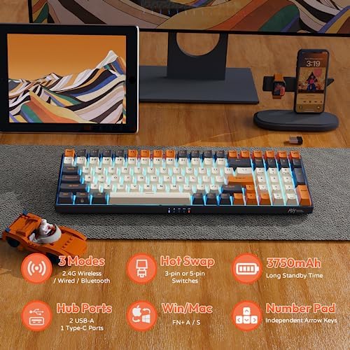 RK ROYAL KLUDGE RK100 Wireless Mechanical Keyboard RGB Backlit Bluetooth5.1/2.4G/Wired 96% Full Size 100-Key Hot Swappable Gaming Keyboard Brown Switch Carbon