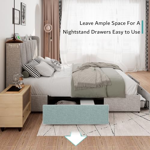 Queen Bed Frame with 4 Storage Drawers, Upholstered Platform Bed Frame with Charging Station, Modern Wingback Storage Headboard, Easy Assembly, Light Grey