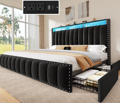 King Size Bed Frame with 4 Storage Drawers, RGB LED Light, Black