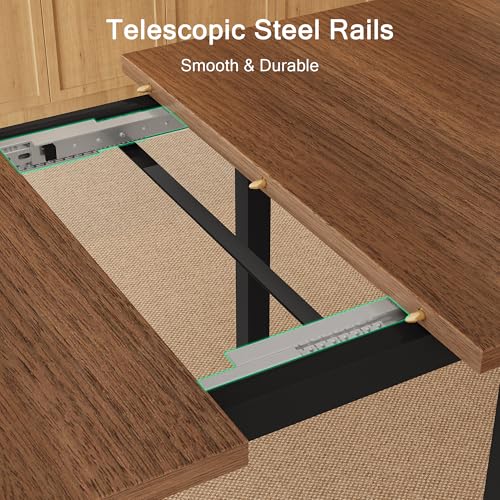 7-Piece Dining Table Set, 63" Extendable Kitchen Room Table with 6 Stools, Mid Century Modern Dinner Table with Metal Frame & MDF Board, Space-Saving, Easy Assembly, Walnut