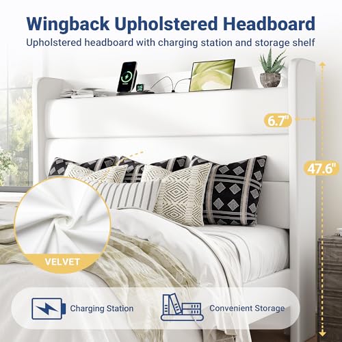 Queen Size Upholstered Bed Frame with Charging Station, White