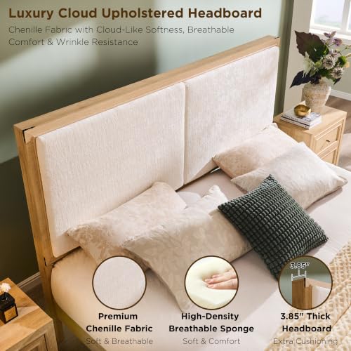 King Bed Frame w/Upholstered Headboard,Storage Bench,Natural Oak