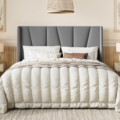 Queen Size Upholstered Platform Bed Frame with Headboard, Grey