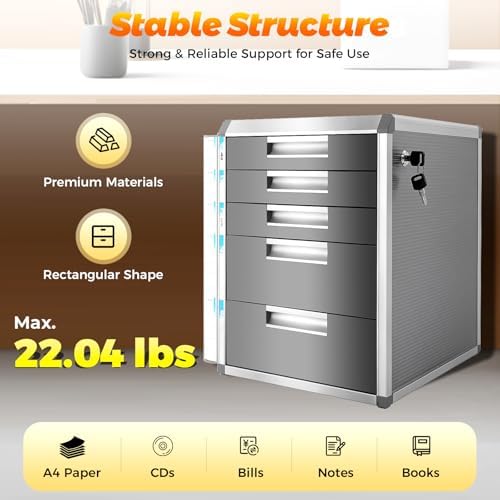 Desk Organizer with 5 Drawers, Metal Desktop Storage Cabinet with 2 Pcs Keys & Convenient Label, Desktop Filing Case Literature Organizer for Offices Homes, 13.7x12.4x15.9In
