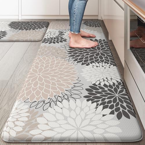 KIMODE Anti Fatigue Kitchen Mats for Floor, Boho Floral Kitchen Rugs Sets of 2, Non Slip Waterproof Kitchen Floor Mats, Memory Foam Kitchen Mat for Sink, Laundry, Office, Desk Pink 20"x47"+20"x32"