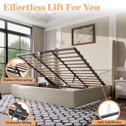 King Lift Up Storage Bed Frame Linen Wingback Headboard, Khaki