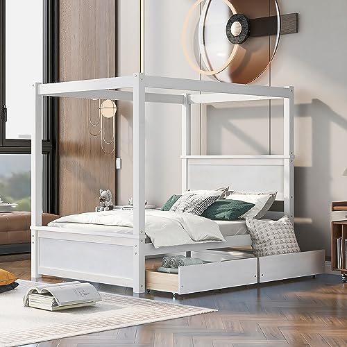 Full Size Canopy Platform Bed with 2 Drawers, Wooden Bed Frame with Support Slats, No Box Spring Needed, Brushed White