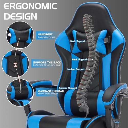 Blue Ergonomic Gaming Chair for Adults with Footrest and Massage