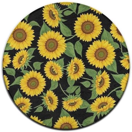 Circular Rugs Large Modern Round Area Rug Fashion Decor Mat for Home Office Beautiful Sunflower Yellow Flowers Green Leaves Black Floral, 24inch