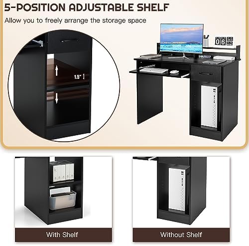Computer Desk with Hutch & Keyboard Tray, Home Office Workstation with Drawer, Adjustable Shelves, Modern Vanity Table for Bedroom, Wooden Writing Study Laptop PC Desk (Black)
