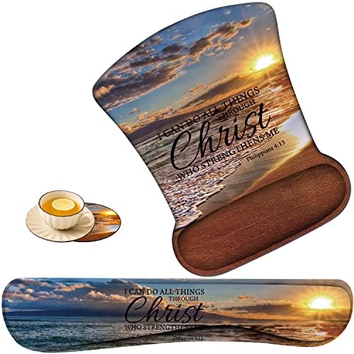 Keyboard Wrist Rest Pad and Ergonomic Mouse Pad Wrist Rest (with Coaster) Set, Non-Slip Base & with Memory Foam for Easy Typing and Wrist Pain Relief - Beach Quoting Bible Verse Philippians 4-13