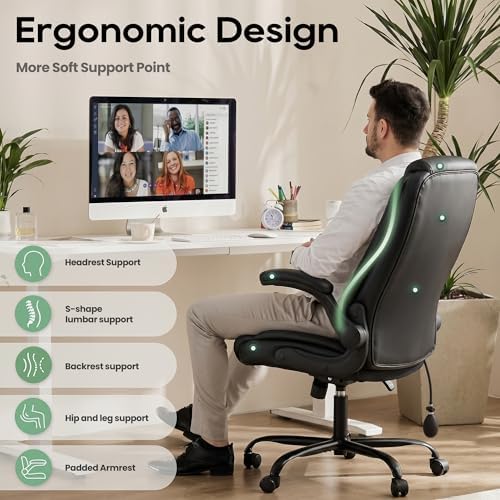 MALOL Leather Office Chair, Home Desk Chair with Flip-up Arms, Black