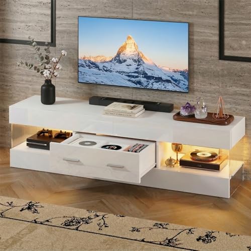 60 Inch White Modern TV Stand, LED Entertainment Center Console