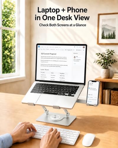2-in-1 Laptop Stand with Phone Holder, 360° Swivel Laptop Riser for Desk