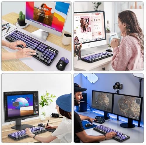FOPETT Wireless Keyboard and Mouse Combo, 104 Keys Full-Sized 2.4 GHz Round Keycap Colorful Keyboards, USB Receiver Plug and Play, for Windows, Mac, PC, Laptop, Desktop (Black Purple)