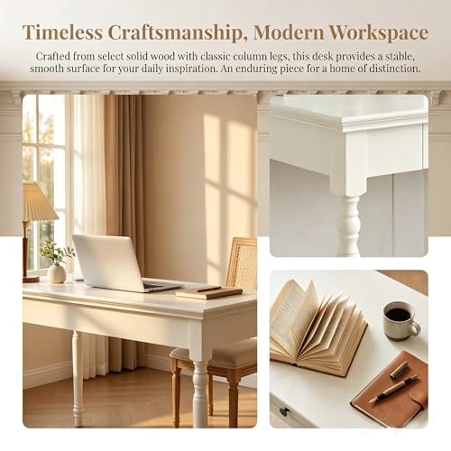 47 Inch Solid Wood Computer Writing Desk with Drawers, White