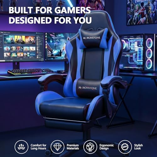Mr IRONSTONE Gaming Chair with Footrest, Ergonomic Reclining Gamer Chair with Lumbar Support & Massage, High Back Racing Style Video Game Chair, Adjustable Headrest, Swivel Desk Chair, Blue