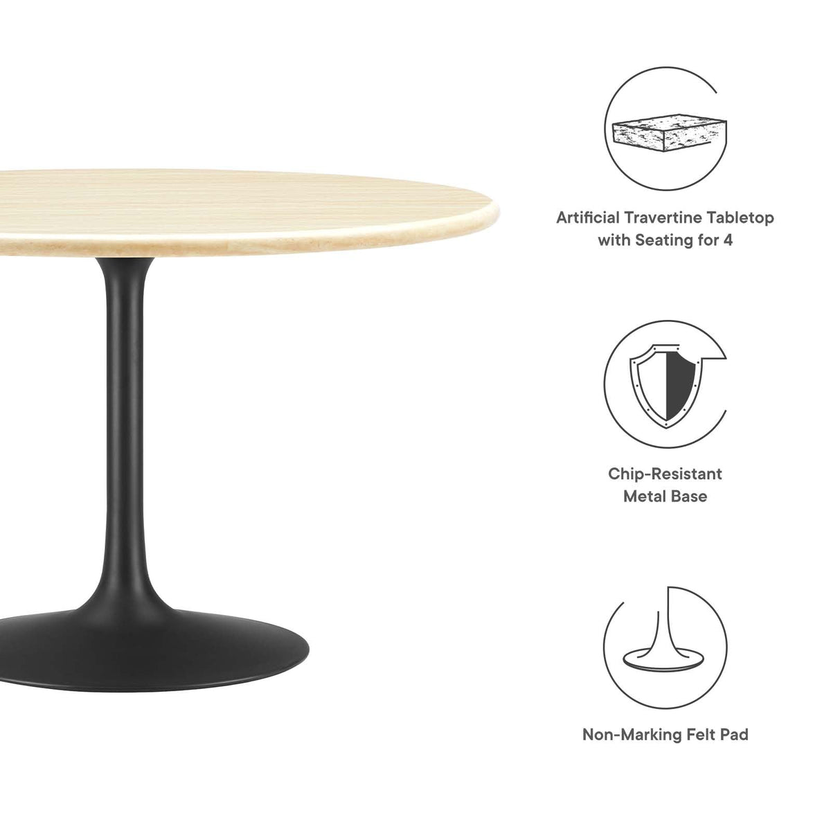 48" Round Artificial Dining Table with Tapered, Metal Base, Black Travertine