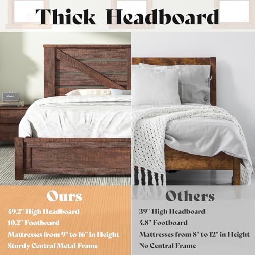 Farmhouse Queen Size Bed Frame with 49" Barn Door Headboard, Brown