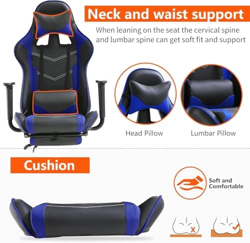 PC Gaming Chair with Footrest, Ergonomic Home Office Chair with Lumbar Support & Headrest Pillow, Blue