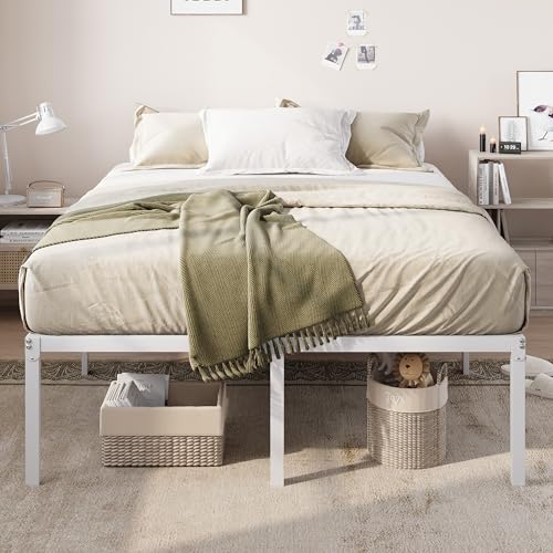Full Size Bed Frame, 18 Inch Metal Beds with Storage Space, White