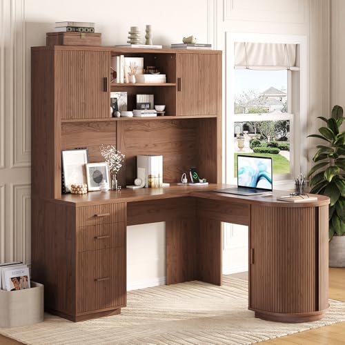70.87“H L Shaped Executive Desks with Hutch, Study Desk, Walnut